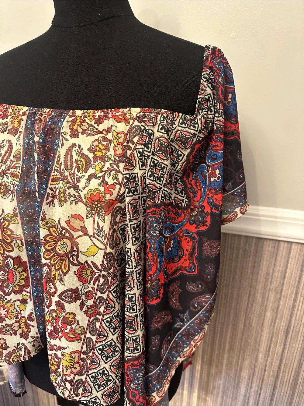 Flying Tomato Boho Paisley Off Shoulder Bell Sleeve Top SMALL